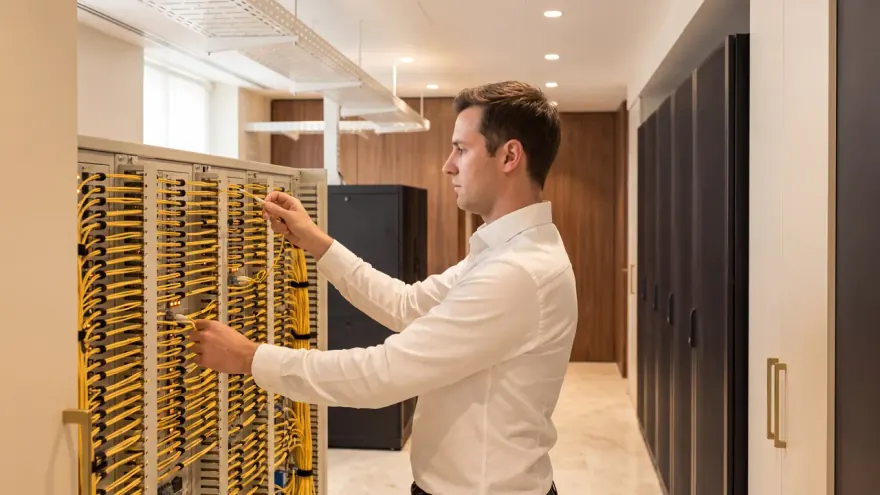 A network engineer re-patching a yellow fibre route on a cross-connect panel