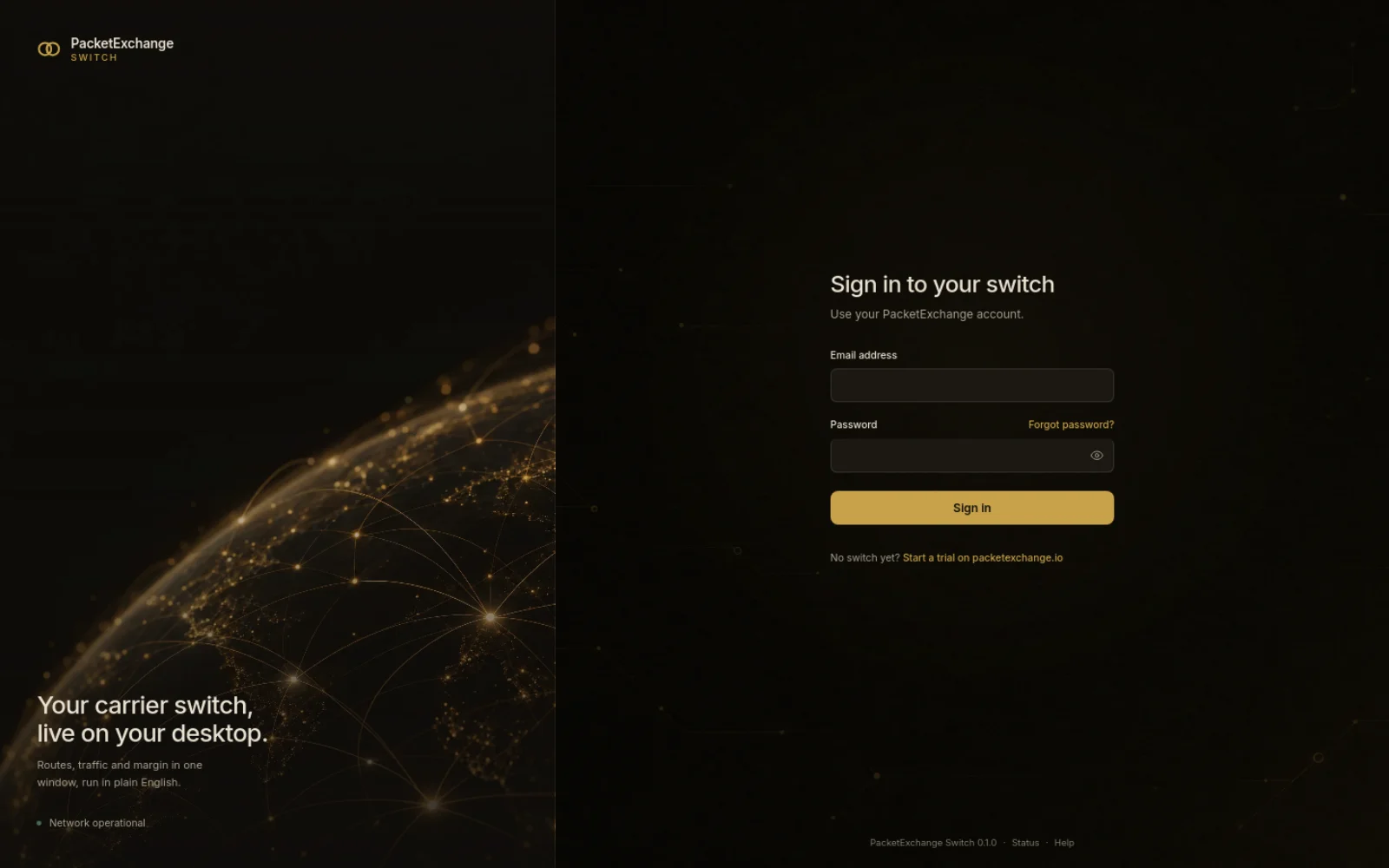 The PacketExchange Switch desktop app sign-in screen