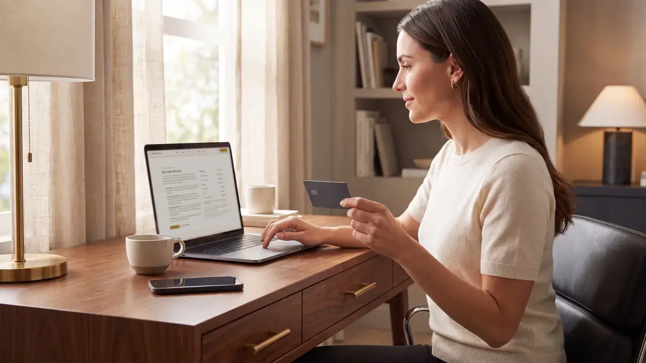 A founder topping up her prepaid balance with a card while looking at her laptop