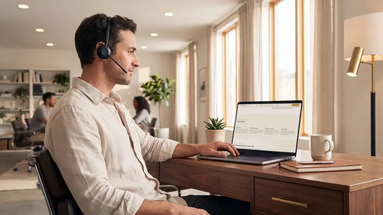 A campaign manager in a headset listening to an AI agent's live call on his laptop