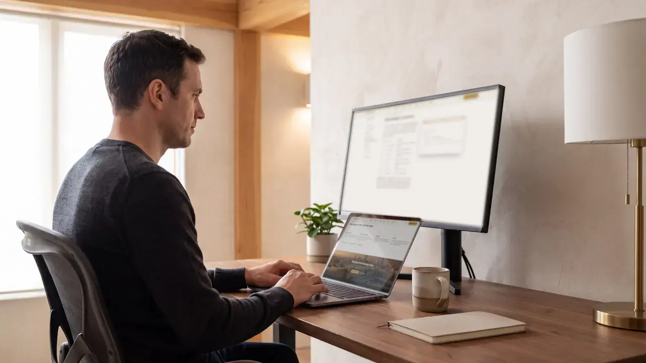 A developer typing at a laptop beside a large monitor in a light-filled studio