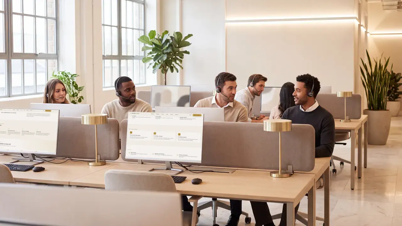 A contact-centre team in headsets working along a row of desks in a bright office