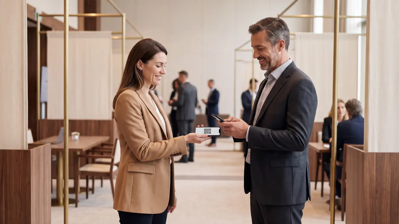 Two carrier executives on a conference floor connecting by scanning a code on a phone