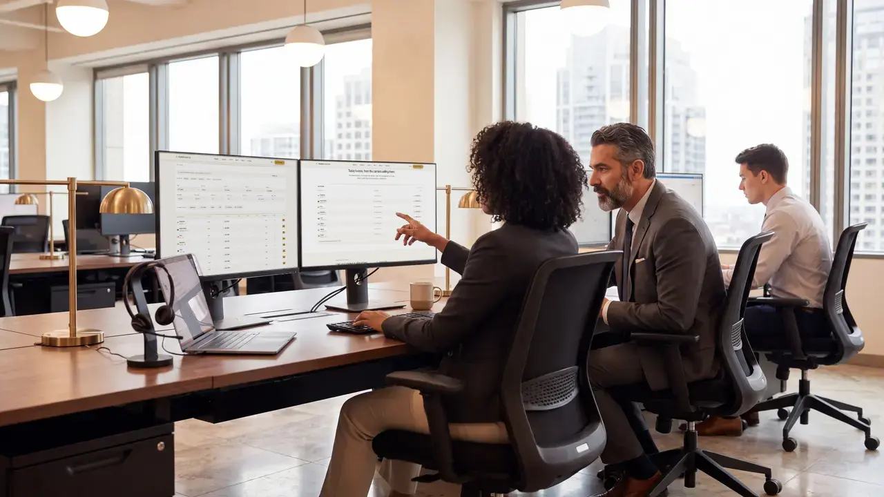 Route traders at walnut desks comparing seller offers side by side on two monitors