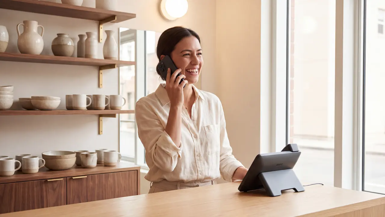 A shop owner answering a customer call at her counter, a desk phone beside her