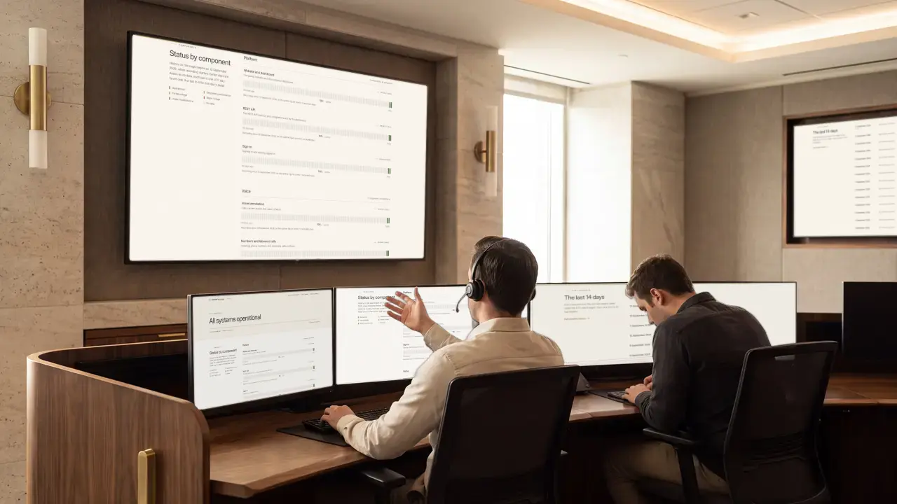 Network engineers in a warm operations centre watching route and platform status on wall displays