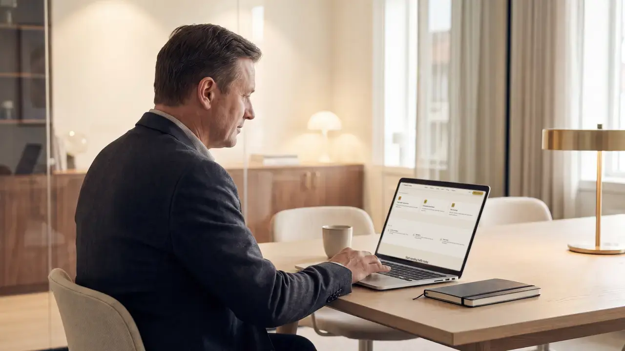 A carrier sales manager uploading a rate sheet on a laptop in a warm meeting room