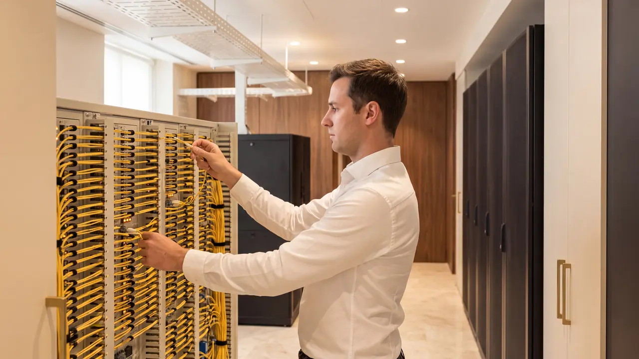 A network engineer re-patching a yellow fibre route on a cross-connect panel