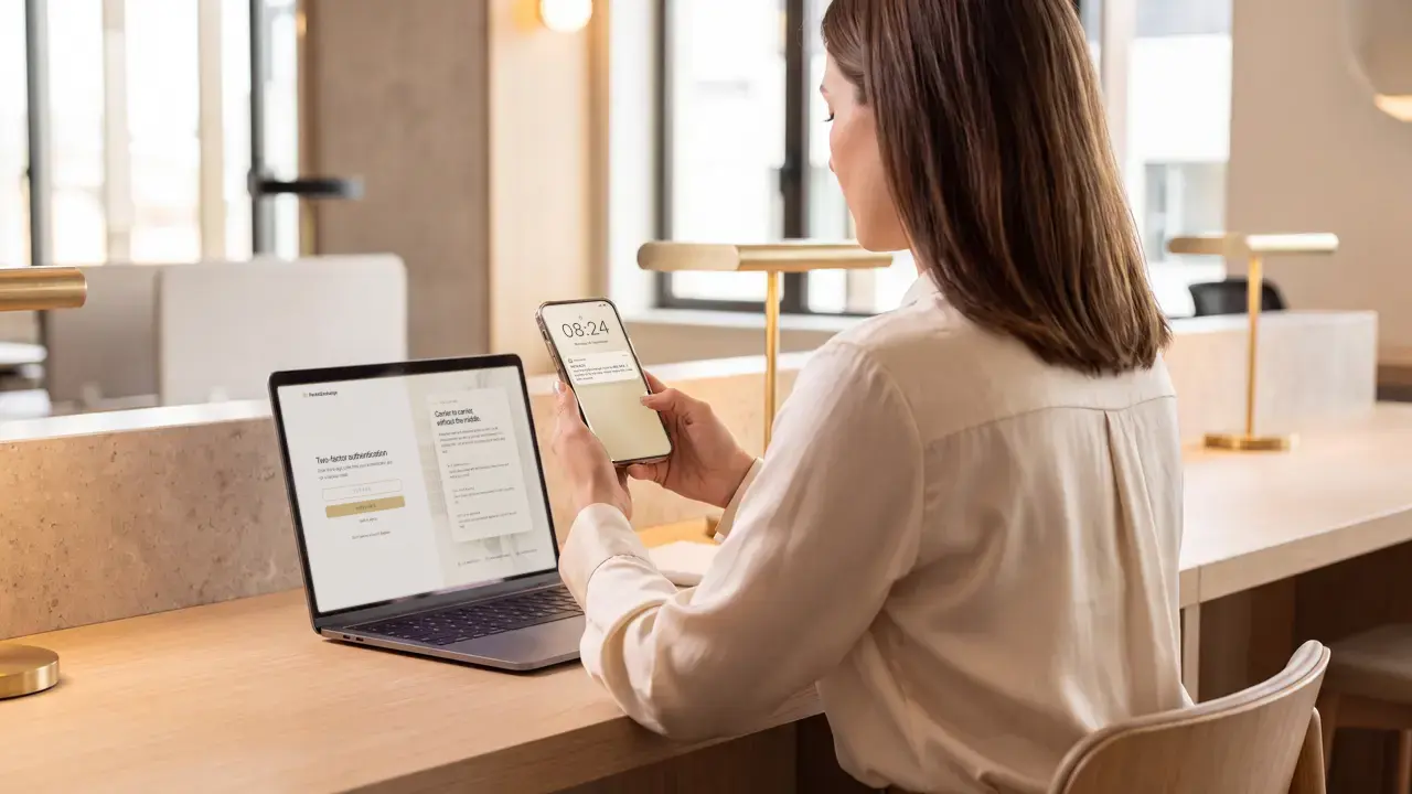 A woman receiving a sign-in code by text message on her phone beside her laptop