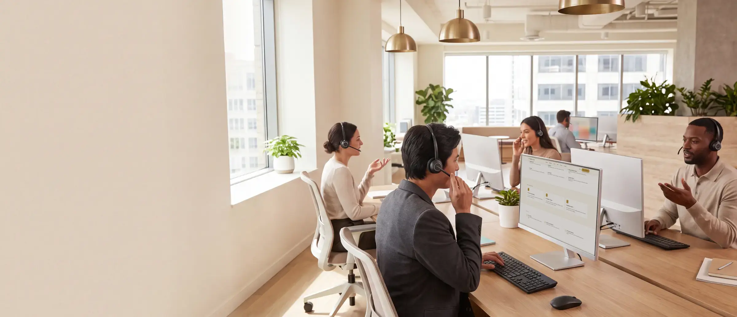 A contact-centre team in headsets taking calls at light wood desks in a bright office