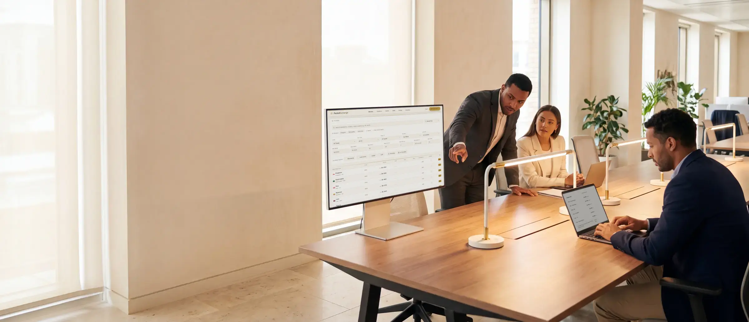 Wholesale traders at a long desk, one pointing at the PacketExchange route table on a monitor as others work on laptops