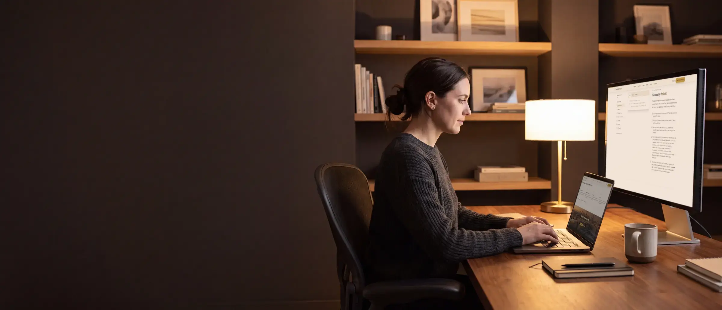 A developer typing at a laptop beside a large monitor in a lamp-lit studio in the evening