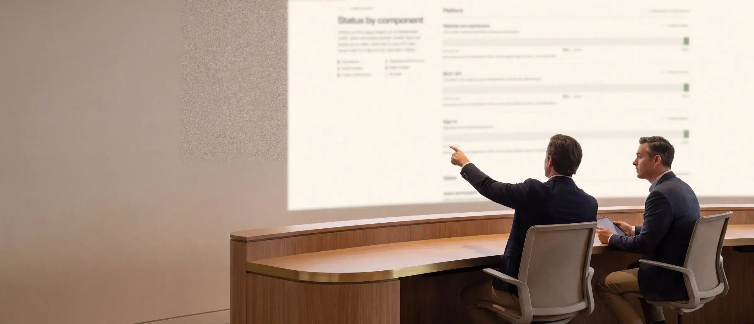 Two analysts at a curved console, one pointing at route status on a wall display