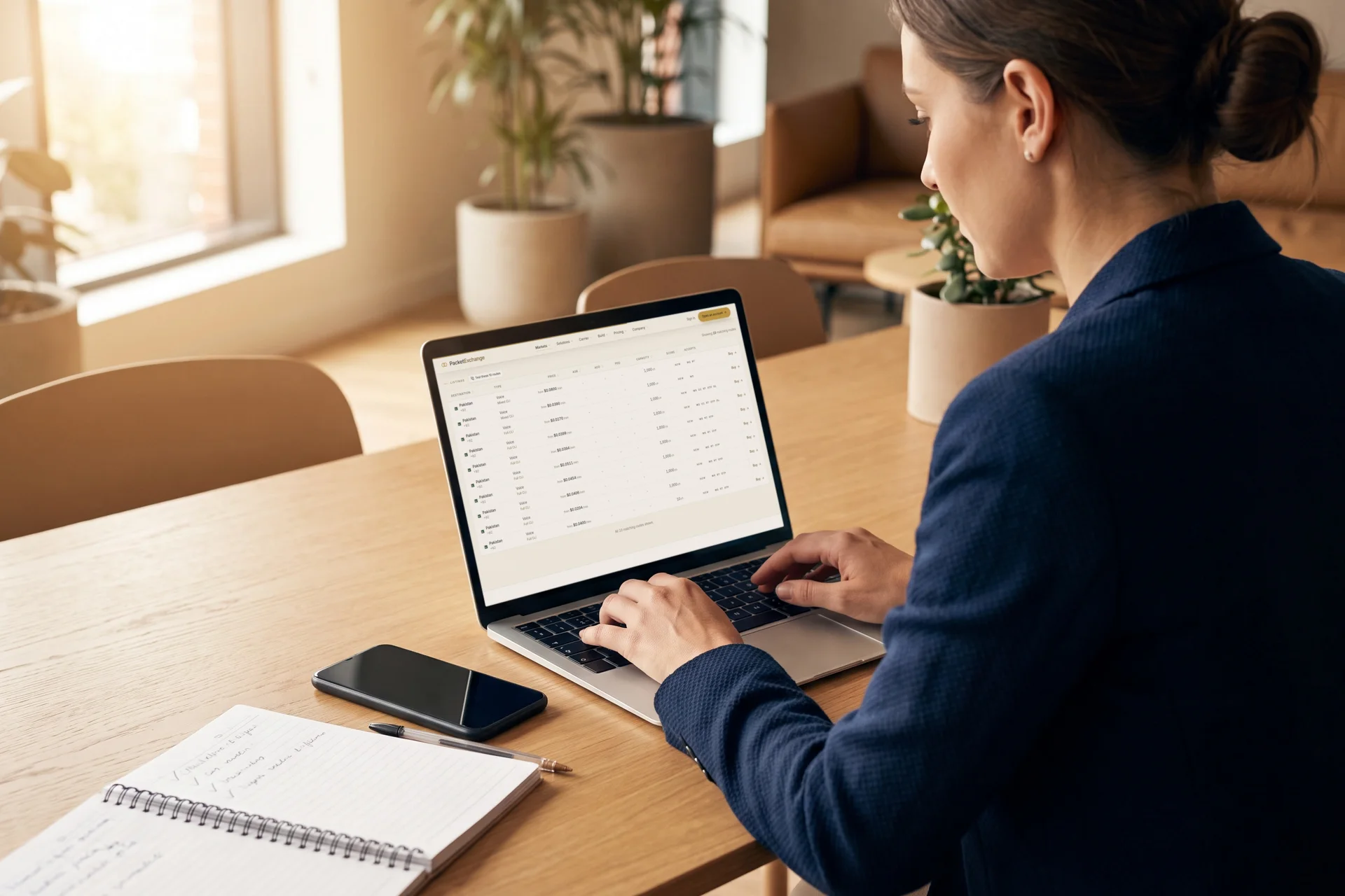 A route buyer at her laptop on the PacketExchange marketplace, a search for Pakistan showing ten voice routes and the Test these 10 routes button