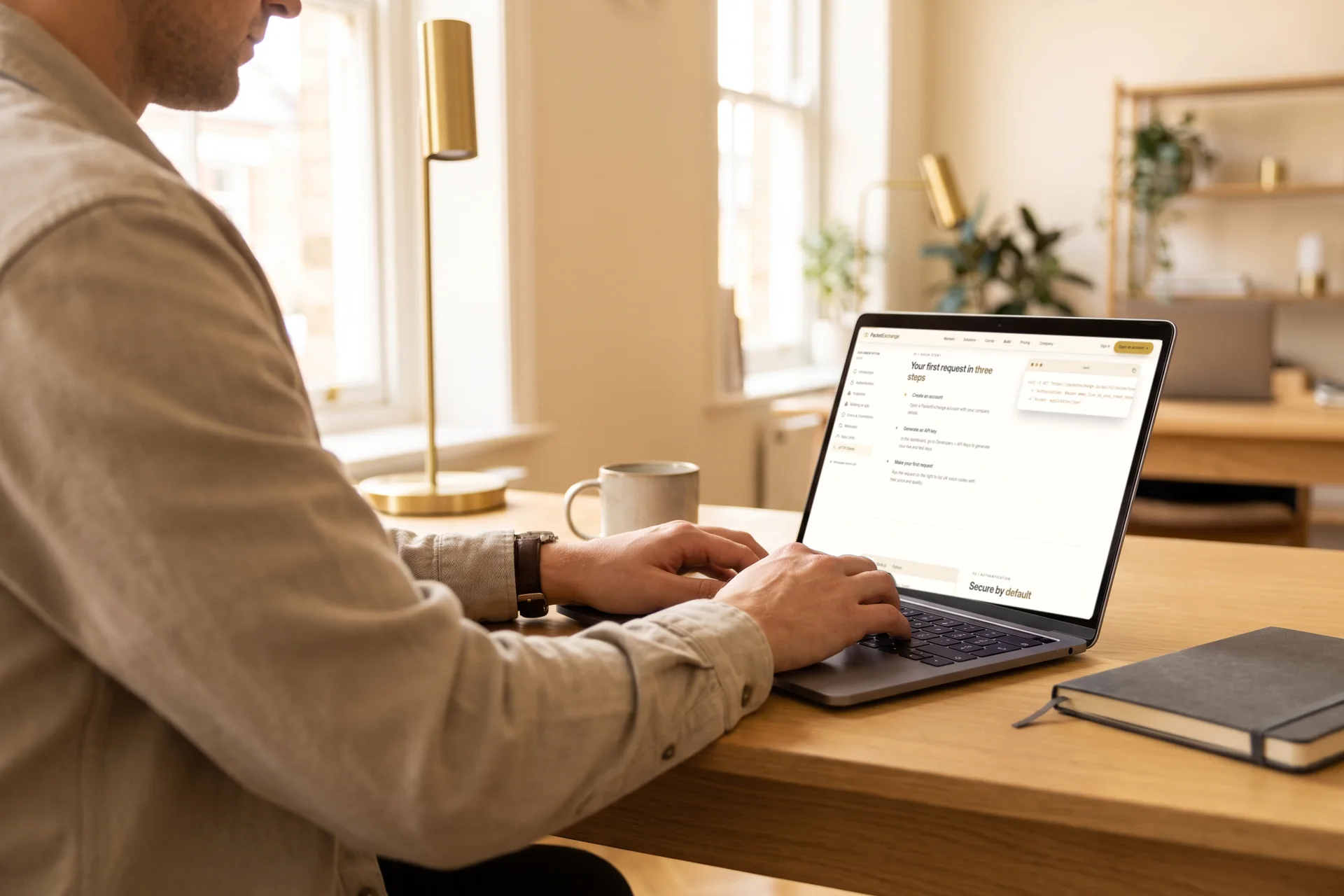 A developer typing on a laptop open at the PacketExchange API reference quick start