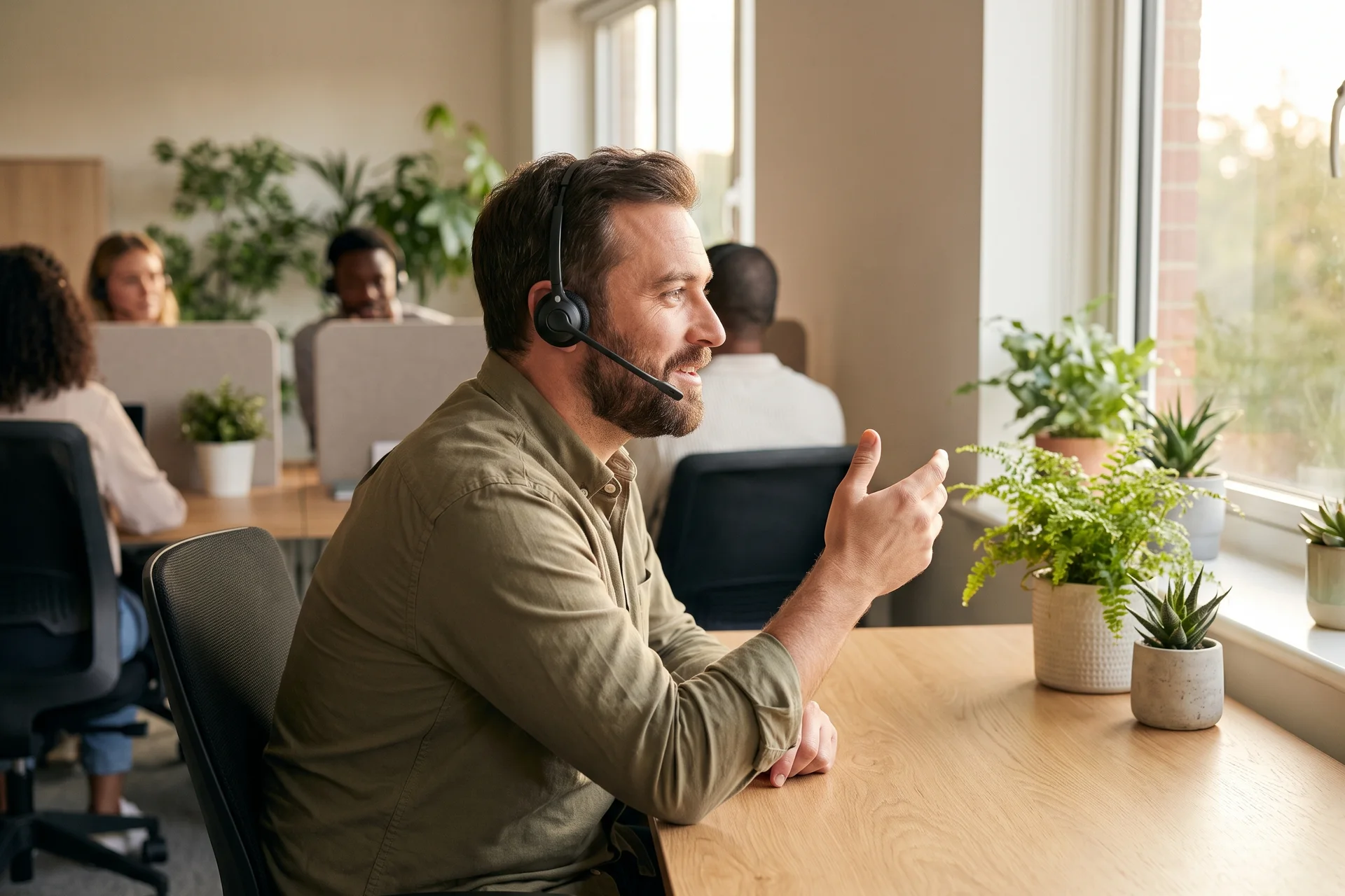 A contact-centre agent in a headset mid-call at a bright open-plan desk