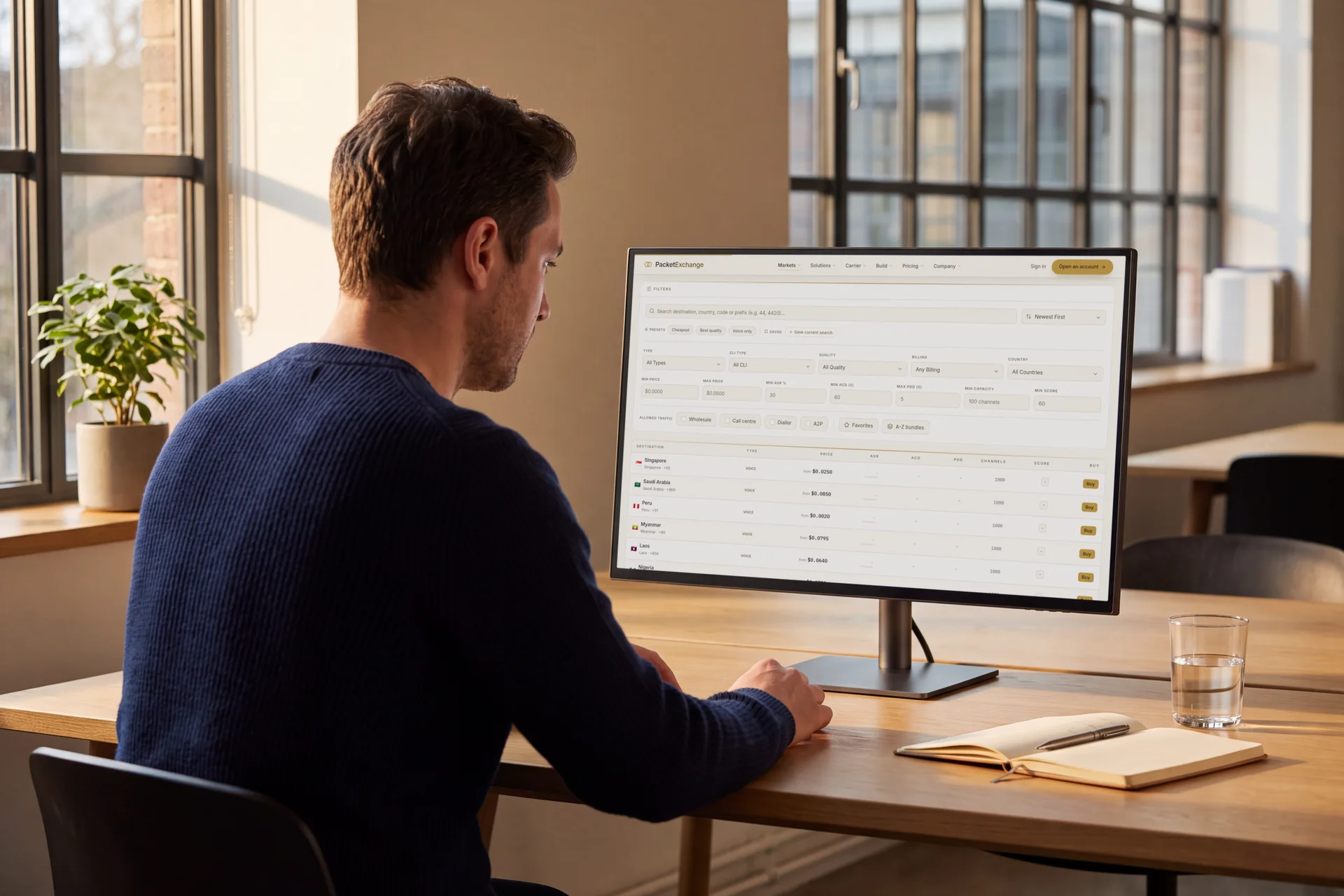 A wholesale trader at a monitor showing the PacketExchange marketplace route table