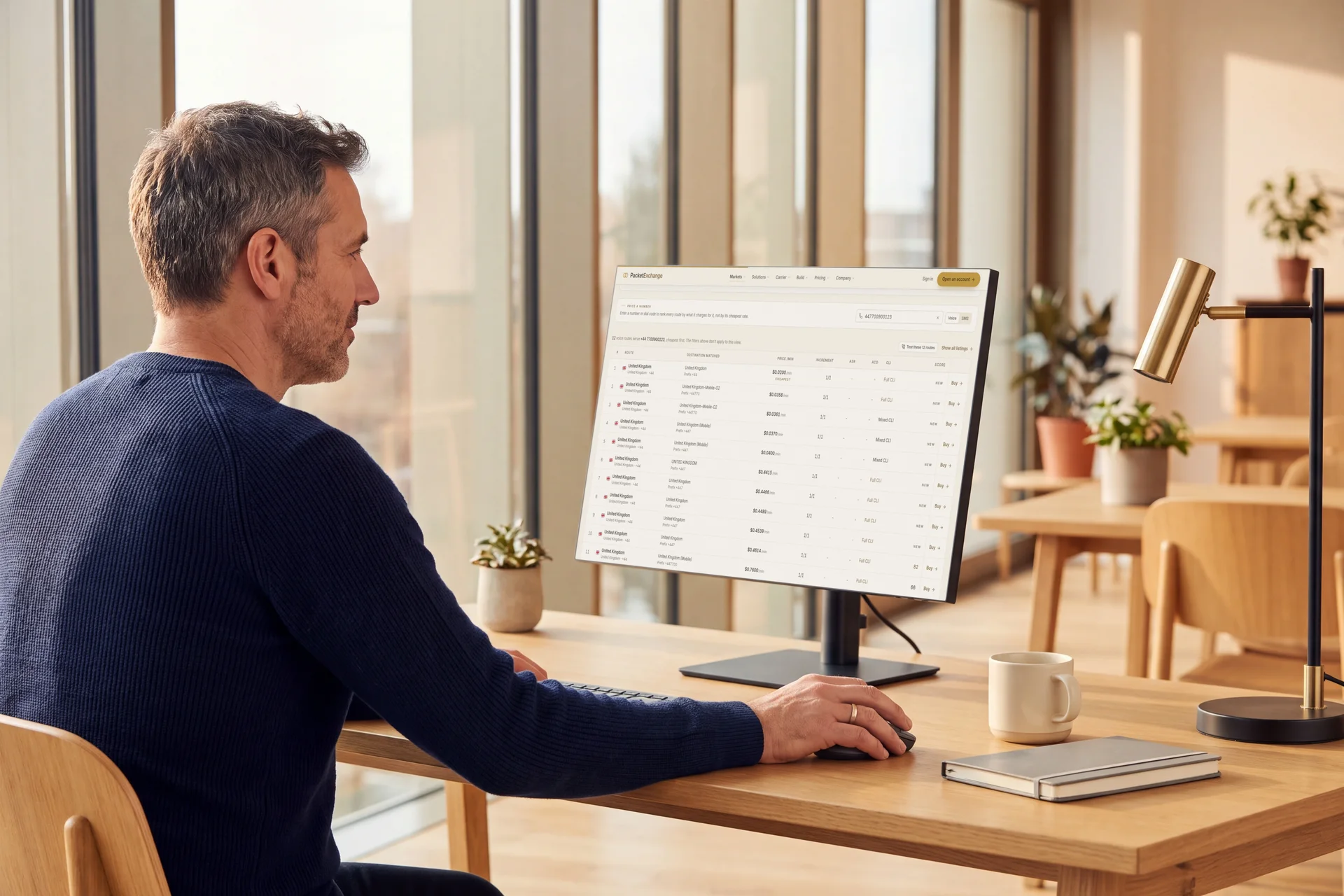 A wholesale buyer at his desk, the PacketExchange marketplace open on his monitor ranking routes by price for one number