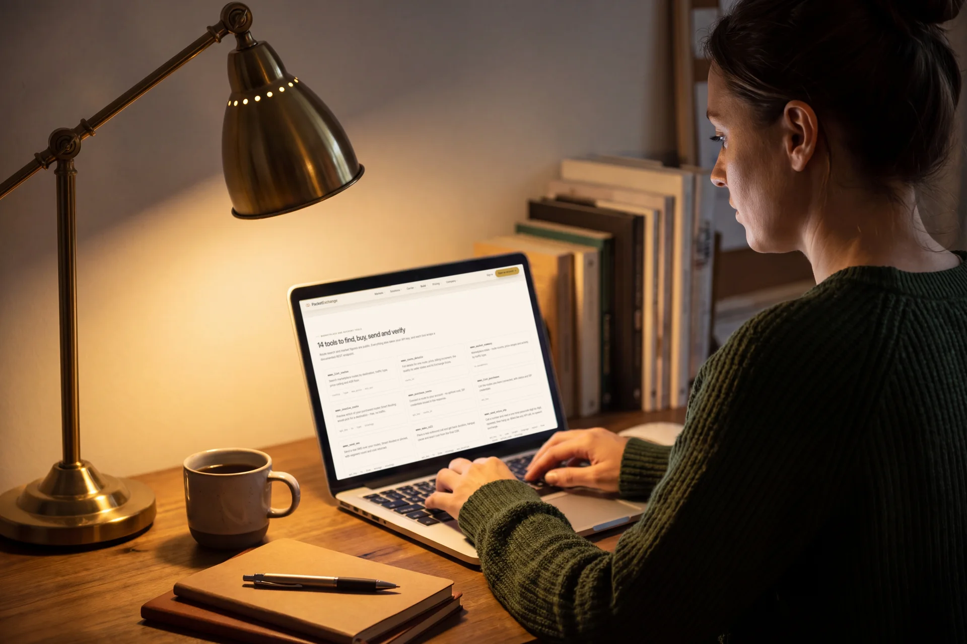A developer at a lamp-lit desk building an agent, her laptop open at the PacketExchange MCP tools
