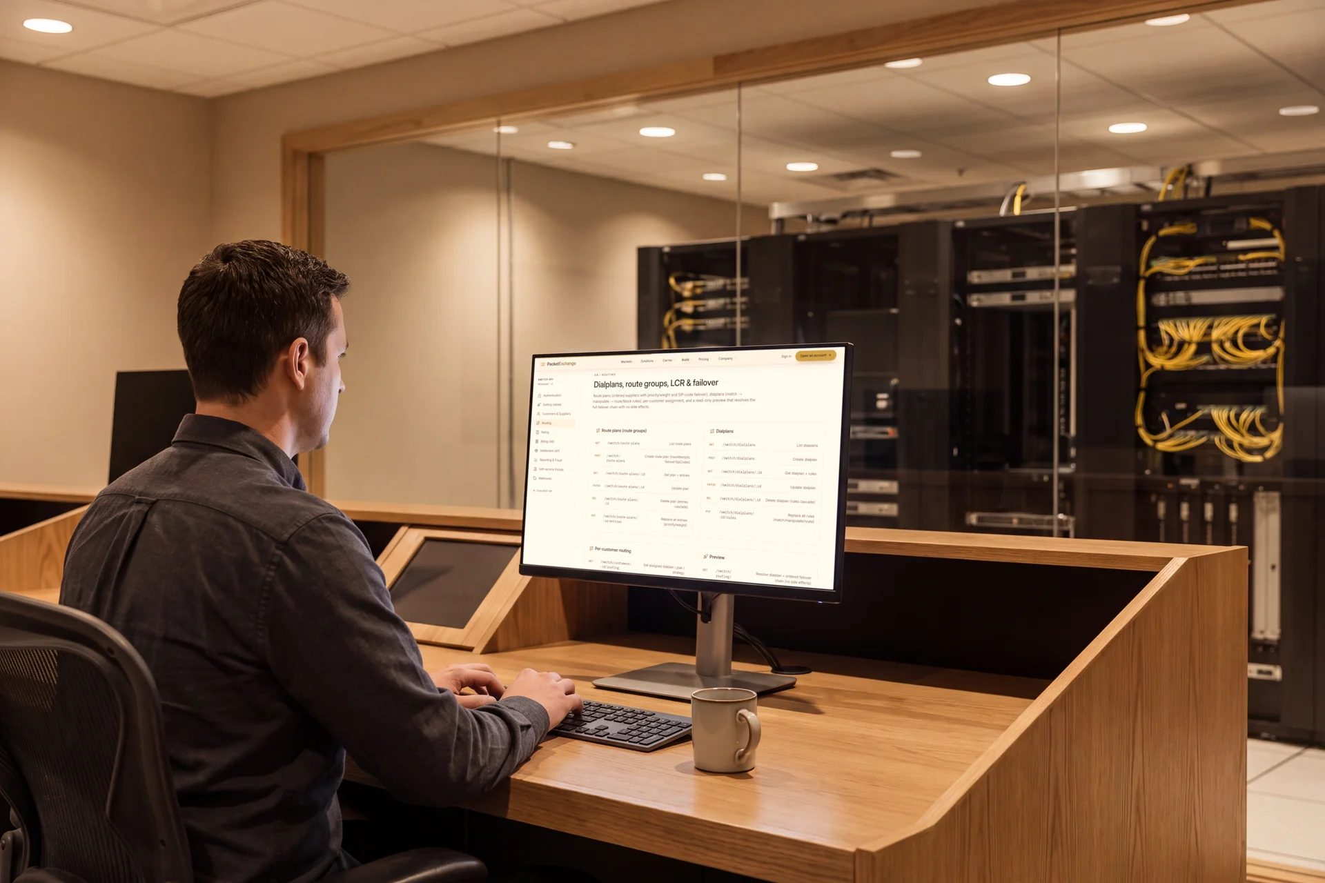 A network engineer at an operations console, his monitor open at the PacketExchange Switch API reference, with carrier switching racks behind a glass wall