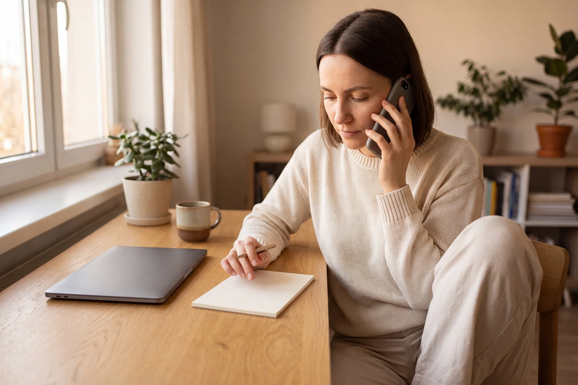 A woman at a desk listening to a phone call, pen ready over a notepad, to take down a spoken sign-in code