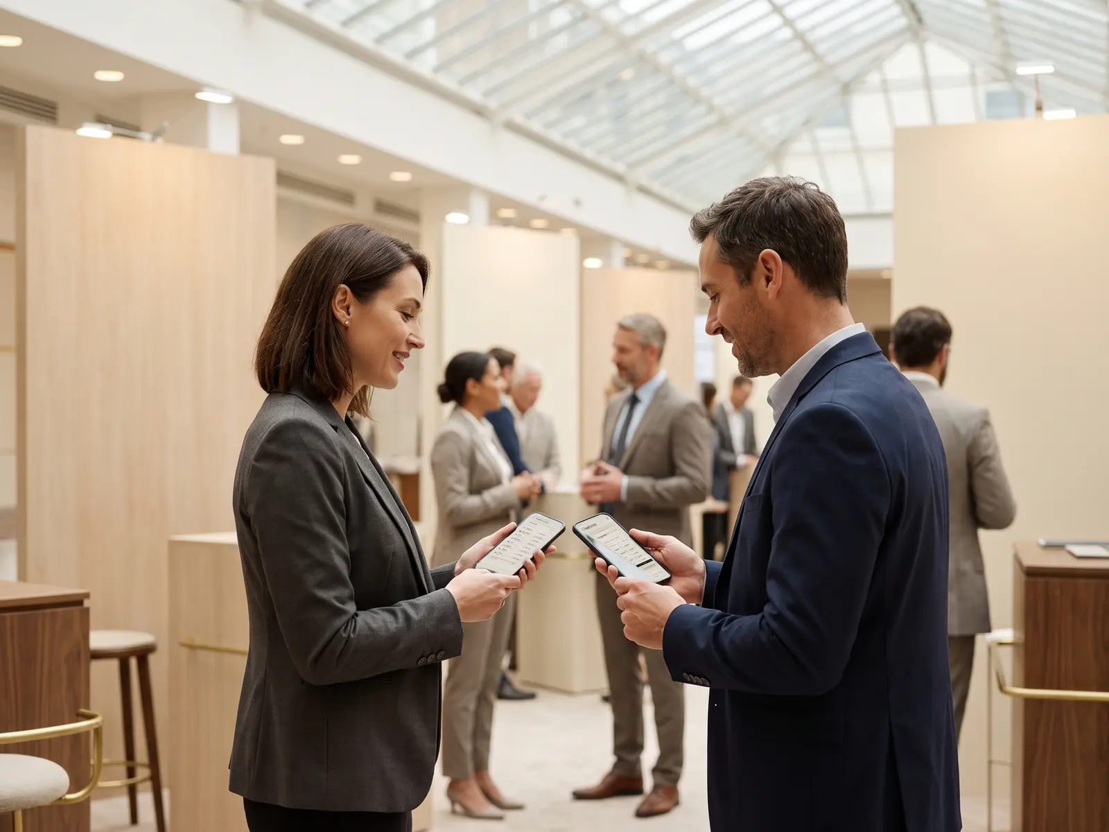 Two telecom executives on a conference exhibition floor, one scanning a code from the other's phone