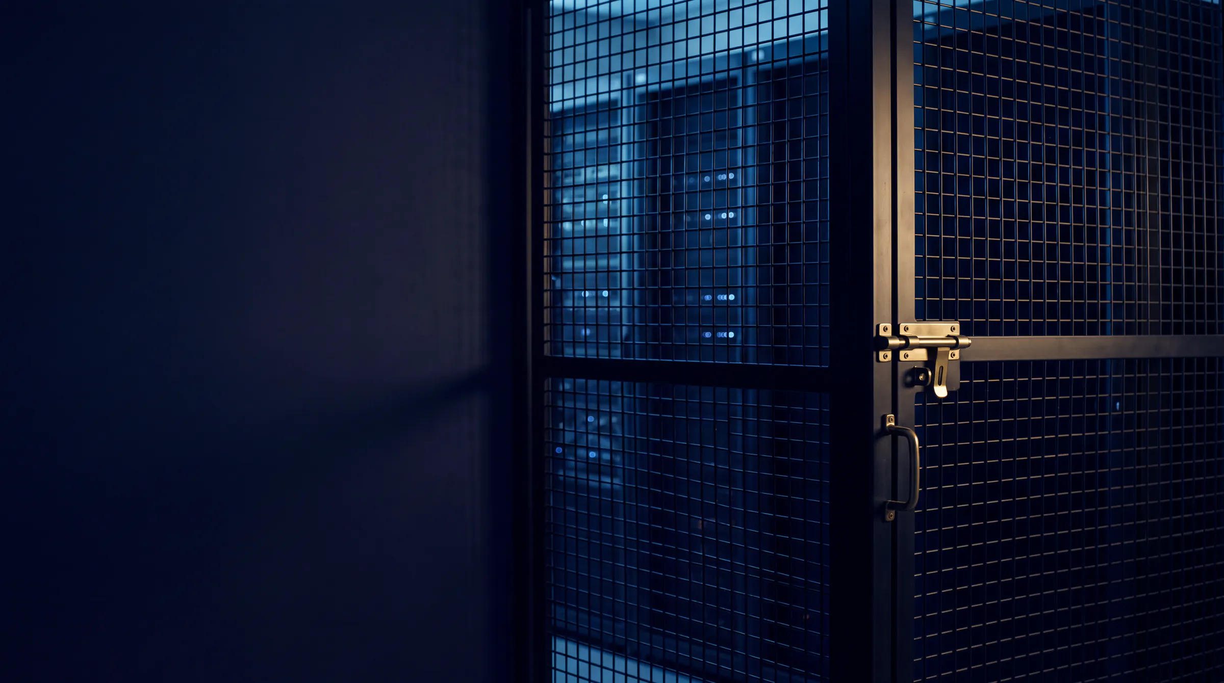 A secured colocation cage with a brass latch, racks glowing behind the mesh